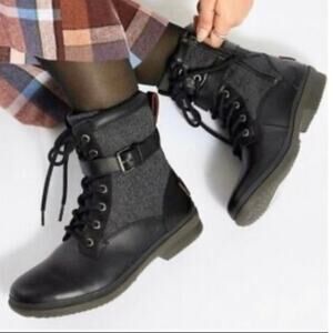 Ugg Kesey Waterproof Boot Black Leather 9.5 Side Zip Ankle Buckle Combat Snow